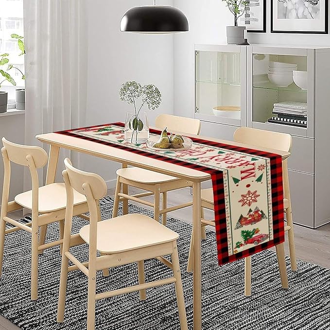 Merry Christmas Table Runner,Winter Xmas Holiday Table Cloth Kitchen Dining Table Decoration for Home Party Decor 13x120 Inch