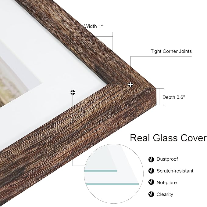 8.5x11 Picture Frame Set of 2, Rustic Brown Certificate Document Frames with Glass Collage Frame, Display Pictures Two 5x7 With Mat or 8.5 x 11 Without Mat for Wall Hanging or Tabletop
