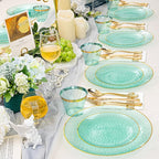 Rubtlamp 175 Pcs Green Plastic Plates Dinnerware Set (25 Guests), Hammered Plates Sets, Green Plastic Party Plates Set include 50 Disposable Plates Set, 75 Gold Plastic Silverware, 25 Cups 25 Napkins