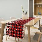 Christmas Table Runner,Red Black Plaid Xmas Snowflakes Deer Trees Print Tablecloth Burlap for Hotel Indoors Outdoor Dining Room Kitchen Home Decor,W13X L80 in