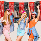 6 Pack 29x108 Inch Black Red Wave Foil Fringe Table Skirts Metallic Banner for Tinsel Streamer Garland Backdrop for Parade Floats Wedding, Mother's Day, Birthday Mardi Gras Party Decorations