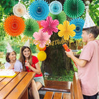Colorful Birthday Party Decoration Paper Flower Hanging Decoration for Wall Happy Birthday Banner Paper Fans Deco for Tropical Hawaii Luna Birthday Party