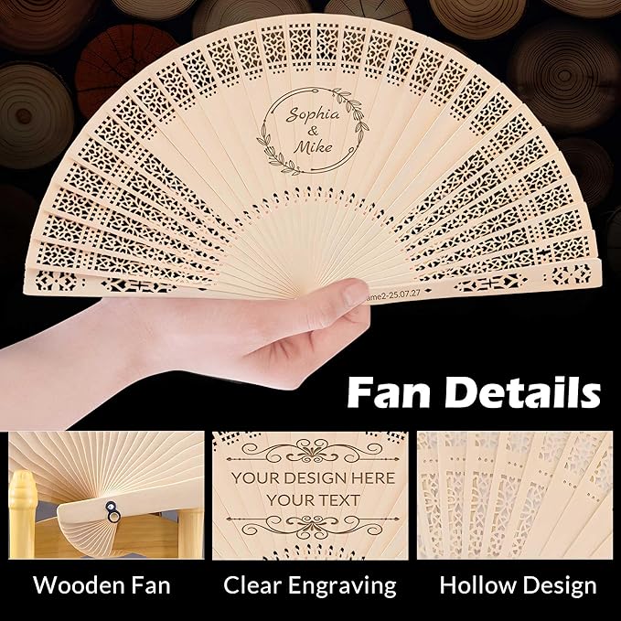 100 PCS Custom Fans Personalized Folding Fans for Line Dancing Wooden Hand Fan Wedding Favors Bulk Fans for Guests Party Event Use (Style14)