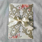 25PCS Champagne Gold Glitter Laser Cut Wedding Invitations Cards with Envelopes,Blank Inner Sheets,Ribbons for Wedding Bridal Shower Quinceañera Engagement Birthday Invites, champagne glitter