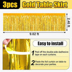 3 Pack 29x108 Inch Gold Foil Fringe Table Skirts Metallic Banner for Tinsel Streamer Garland Backdrop for Parade Floats Wedding Thanksgiving Birthday Christmas Halloween Party Decoration
