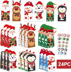 24PCS Christmas Treat Bags, 24PCS Christmas Stickers, Xmas Cookies Wrapping Gift for Classrooms Holiday Party Supplies