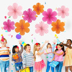 SUNBEAUTY 9 PCS Pink and Orange Party Decorations Pink Party Decorations Paper Fans Party Decorations Sunset Party Decorations Flower Party Decorations Paper Flowers Decorations for Wall