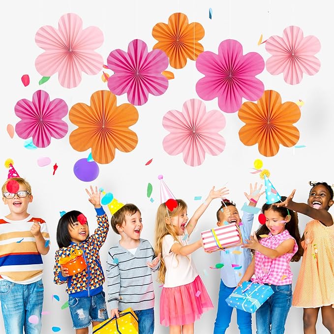 SUNBEAUTY 9 PCS Pink and Orange Party Decorations Pink Party Decorations Paper Fans Party Decorations Sunset Party Decorations Flower Party Decorations Paper Flowers Decorations for Wall