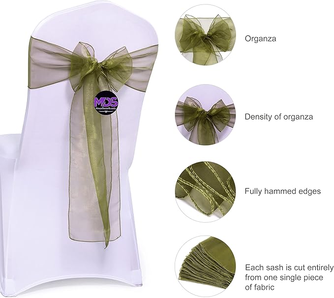 MDS Pack of 100 PCS Organza Chair Sashes Wider Dining Chair Bows Ribbon Tie Back for Wedding Party Birthday Bridal Shower Reception Event Banquet Home Chair Cover Decoration - Olive Green