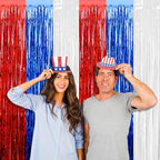 4 Pack Red Blue White Foil Fringe Curtain Backdrop, 3.28Ft x 8.2Ft Metallic Tinsel Foil Fringe Streamers Curtains for Photo Booth, Wedding, Mardi Gras, Birthday, Independence Day Party Decoration