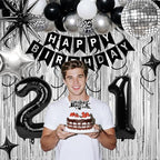 21st Birthday Decorations for Men Women, Black Silver Happy Birthday Party Decorations， 21 Year Old Party Supplies with Number 21 Balloons, Banner, Fringe Curtains Kit