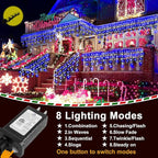 KNONEW Christmas Lights Outdoor Decorations 400 LED 33ft 8 Modes Curtain Fairy String Light with 75 Drops, Clear Wire LED String Light Indoor Decor for Wedding Party Christmas (Blue and White)