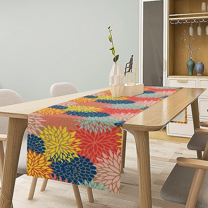 Dahlia Flowers Table Runner Colorful Floral Teal Grey Pink Yellow Blue Abstract Table Runner Kitchen Dining Party Decor Living Room, 13x70 Inch