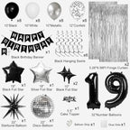 19th Birthday Decorations for Boys Men, Black Silver Happy Birthday Party Decorations， 19 Year Old Party Supplies with Number 19 Balloons, Banner, Fringe Curtains Kit