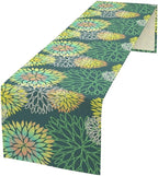 Green Dahlia Flower Table Runner, Linen Geometric Pattern Floral Table Decor Spring Farmhouse Decorations for Kitchen Dining Holiday Party Decor, 13x60 Inch