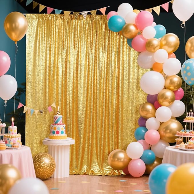 SquarePie Sequin Backdrop Curtain Less See Through Thick Background for Party 5FT x 7FT Gold