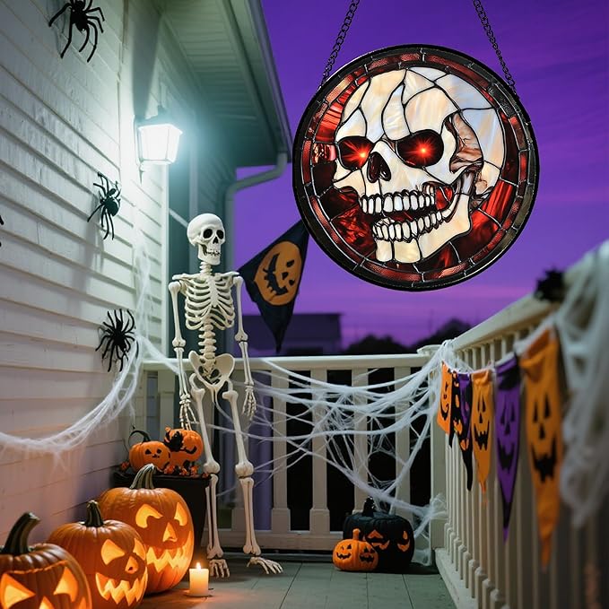 Stained Glass Window Hanging - Halloween Decorations White Skeleton Suncatcher for Doors Garden Indoor Spooky Funny Red Sun Catchers Gothic Decor Horror Gifts for Women Men Friend 7.8 in