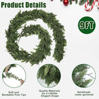 Realistic Christmas Garland for Mantle 9FT Real Touch Thick/Lush Artificial Cedar Garlands Christmas Decorations Indoor Christmas Garland for Stairs Railing Outdoor Table Xmas Holiday Decor Greenery