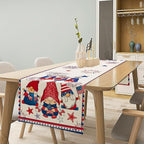 Cute Patriotic Gnomes Table Runner, American Independence Day 4th of July Gnome Blue Red Fireworks Confetti Print Table Runner for Home Kitchen Dining Table Party Decor, 13x90inch