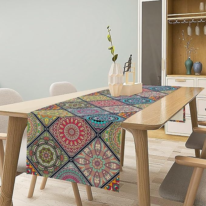 Boho Bohemian Table Runner, Vintage Indian Floral Print Table Cover for Farmhouse Kitchen Dining Table Decor Holiday Party, 13x36inch