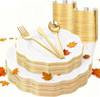 bUCLA 180PCS White and Gold Plastic Plates Disposable - White with Gold Rim Dinnerware Set Include 30 Guests Dinner & Dessert Plates, Cups, Cutlery Set for Wedding, Party & Thanksgiving Table Decor