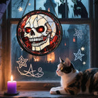 Stained Glass Window Hanging - Halloween Decorations White Skeleton Suncatcher for Doors Garden Indoor Spooky Funny Red Sun Catchers Gothic Decor Horror Gifts for Women Men Friend 11.8 in