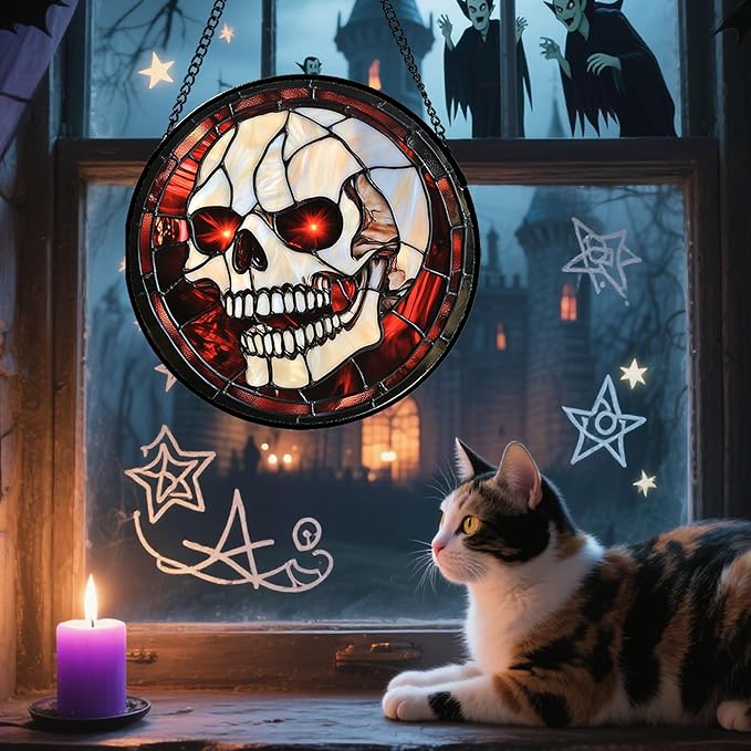 Stained Glass Window Hanging - Halloween Decorations White Skeleton Suncatcher for Doors Garden Indoor Spooky Funny Red Sun Catchers Gothic Decor Horror Gifts for Women Men Friend 6.3 in