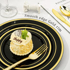 BESTVIP 350PCS Black Gold Dinnerware Set for 50 Guests, Plastic Plates for Halloween Party and Christmas, 50 Disposable Plates, 50 Dessert Plates, 50 Cups, 50 Spoons, 50 Forks and 100 Knives