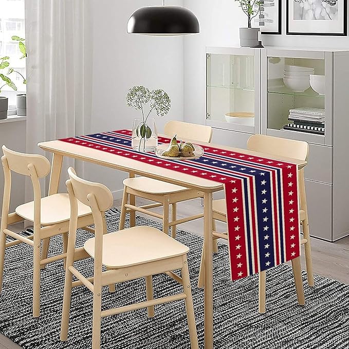 4th of July Table Runner, USA Flag Stars Stripes American Independence Day Red Blue White Stars Lines Print Table Cover for Farmhouse Kitchen Indoor Outdoor Home Party, 13x120inch