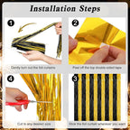 2 Pack Graduation Backdrop, 3.28 FT x 7.05 FT Black and Gold Foil Fringe Curtains, Metallic Foil Curtain Graduation Backdrop, Grad Party Supplies Black and Gold Party Decorations Class of 2025
