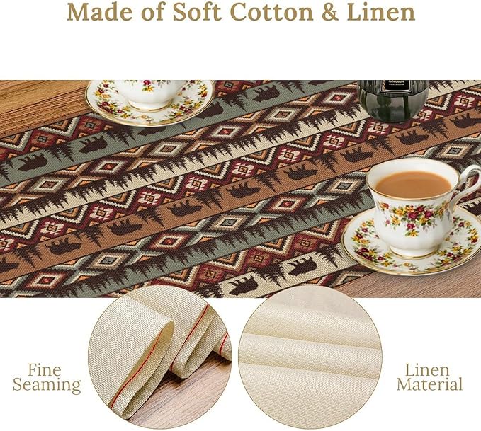 Retro Cabin Table Runner Rustic Bear Forest Farmhouse Lodge Jungle Table Runner for Dinner Party Living Room Kitchen Aztec Vintage 13x70 Inch