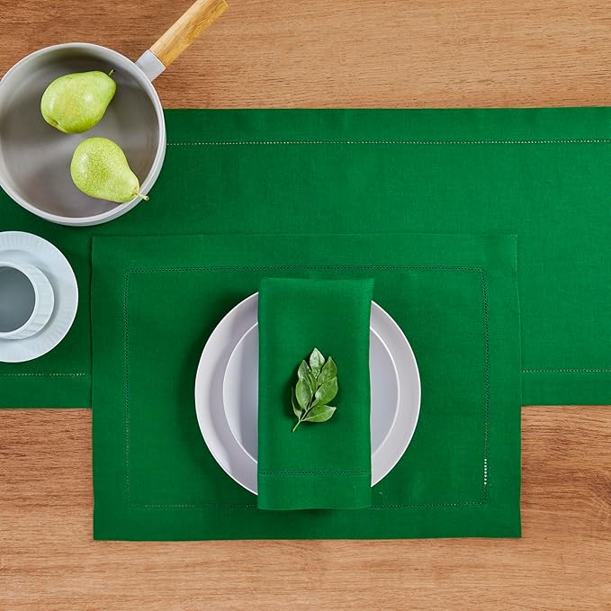 Solino Home Linen Garden Green Table Runner 90 Inches Long - 100% Pure Linen Hemstitch 14 x 90 Inch Table Runner for Dining, Christmas - Classic Hemstitch