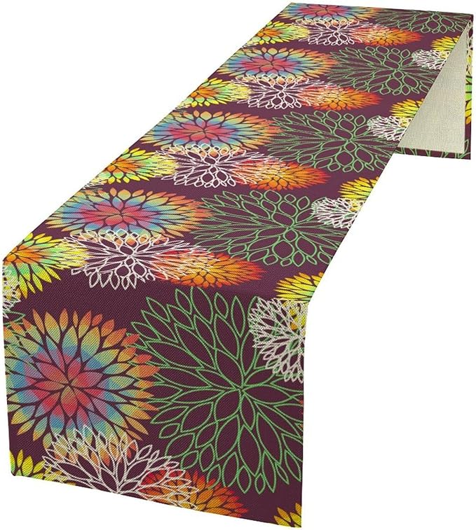 Brown Dahlia Flower Table Runner, Linen Geometric Pattern Floral Table Decor Spring Farmhouse Decorations for Kitchen Dining Holiday Party Decor, 13x90 Inch
