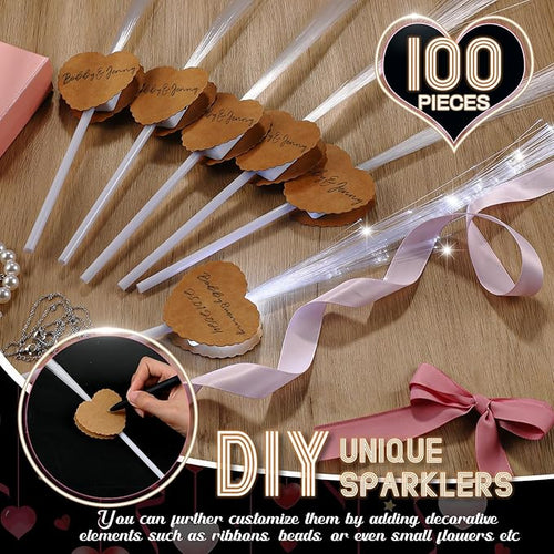 100 Pcs Wedding Sparklers Heart Shaped LED Glow Sticks Fiber Optic Wands Light up Wand with 3 Light Mode for Wedding Bridal Shower Birthday Glow in the Dark Party Supplies (Brown)
