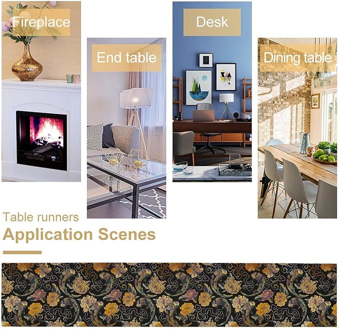 Japanese Table Runner Retro Flowers Oriental Tradition Kio Fish Art Printed Burlap Runner Home Kitchen Dining Table Living Room Decor Fabric 1 Panel W13xL70in