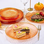 Rubtlamp 100Pcs Thanksgiving Plastic Dinner Plates, 10 Inch Disposable Orange Dinner Plates, Heavy Duty Plates with Gold Rim, Hammered Disposable Plastic Party Plates For Event Party