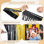 Black and Gold Party Streamers Decoration, 2Pack Graduation Tinsel Backdrop Party Decorations, Foil Fringe Backdrop for 2025 NYE/Anniversary/Farewell/Cocktail/Prom/EID/Birthdays Xmas Wedding Decors