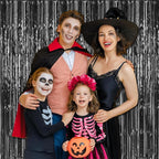 24 Pack Halloween Black Metallic Foil Fringe Curtains, 3.2ft x 8.2ft Foil Fringe Curtain Backdrop Foil Streamers Party Supplies Tinsel Curtain Backdrop for Parties/Halloween/Photo Booth