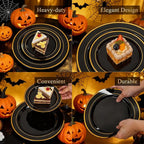 175PCS Black and Gold Plates - Black Disposable Plates for Party - 25Guests Disposable Dinnerware Set for Halloween/New Year/Wedding