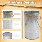 6" High Vase Centerpiece for Table, Rustic Farmhouse Mason Jars with Twine Bow, Vintage Galvanized Metal Flower Container for Wedding Home Decor (Silver, 2Pcs)