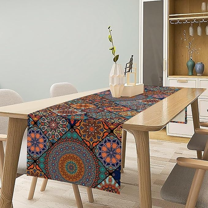 Bohemian Table Runner, Colorful Vintage Indian Mandala Floral Table Runners for Kitchen Dining Coffee Table Indoor Outdoor Party Decor, 13x60inch