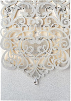 Hosmsua 5.1 x 7.3 Inch 50PCS Silver Glitter Wedding Invitation Cards with Rhinestone Laser Cut Hollow Flora Quinceanera Invitation with Envelopes for Bridal Shower Wedding Invite (Silver Glitter)