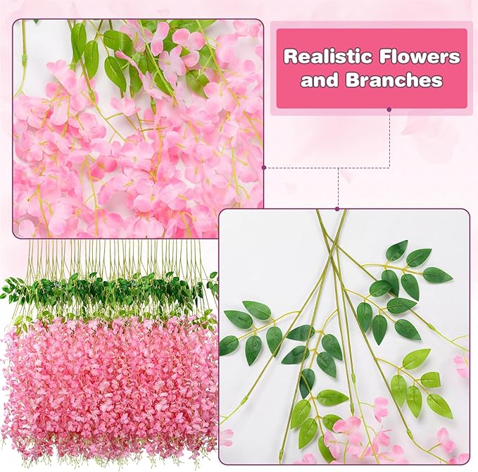 Wisteria Hanging Flowers,Fake Hanging Flowers,Wisteria artificiales Garland for Home Wedding Arch Floral Party Garden Ceremony Outdoor Decor,3.6 feet Long(12,Pink)