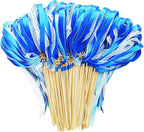 100 Pack Blue Lace Wedding Ribbon Wands Streamers with Bells Silk Fairy Wands Sticks Wedding Exit Ribbon for Party Activities Bridal Shower Send Off Holiday Celebration