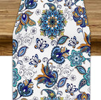 Oriental Paisley Table Runner, Luxury Vintage Blue Teal Floral Butterflies Print Table Runner for Home Dining Kitchen Coffee Table Party Decor, 13x60inch