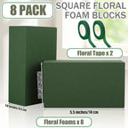 Aneco 8 Pieces Floral Foam Blocks with 2 Rolls Floral Tape 5.5''L x 3.1''W x 1.8''H Green Square Flower Foams Flower Arrangements Supplies for Dry & Wet Flower Wedding Home Decor and DIY Crafts
