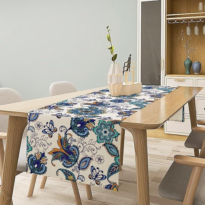 Oriental Paisley Table Runner, Luxury Vintage Blue Teal Floral Butterflies Print Table Runner for Home Dining Kitchen Coffee Table Party Decor, 13x120inch