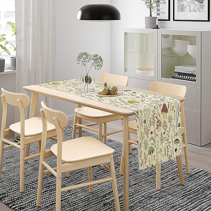 Mushroom Table Runner,Colorful Wild Plants and Fungus Botanical Plants Pattern Print Burlap for Hotel Indoors Outdoor Dining Room Kitchen Holiday Party, 13x36in