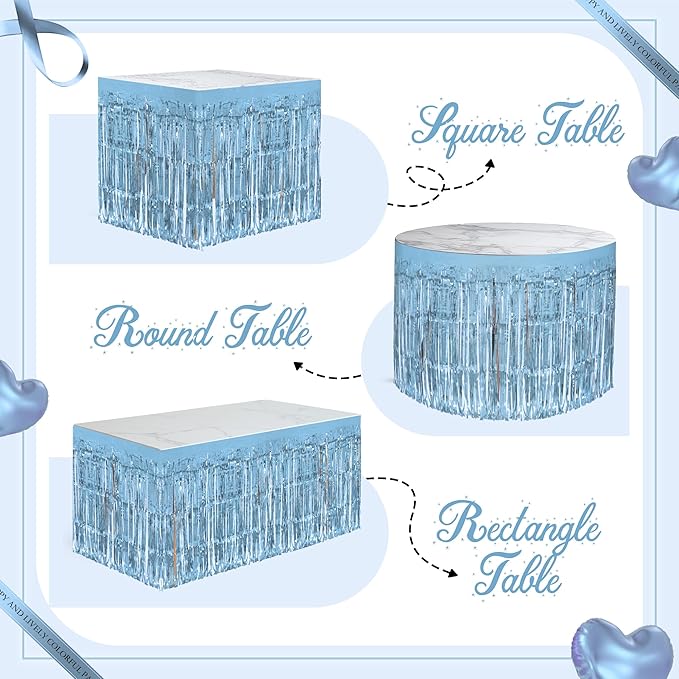 2 Pack Light Blue Table Skirts, 29x108" Metallic Foil Tinsel Fringe Table Skirts for Rectangle Tables Streamer Curtains Backdrop, Party Decorations for Birthdays Weddings Holidays