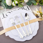 NOCCUR 175pcs Silver Plastic Plates - Silver Rim Plastic Tableware Include 25 Dinner/Dessert Plates, 25 Forks, 25 Knives, 25 Spoons for Wedding/Party/Christmas